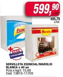 Maxiconsumo SERVILLETA ESENCIAL/MAROLIO BLANCA x 40 un oferta