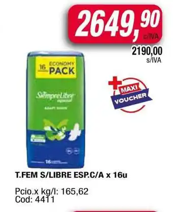 Maxiconsumo T.FEM S/LIBRE ESP C.A x 16u oferta