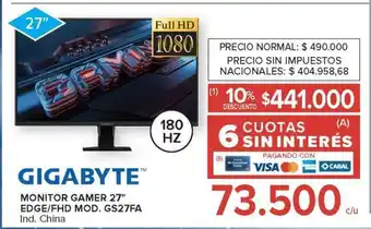 Carrefour GIGABYTE MONITOR GAMER 27” EDGE/FHD MOD. GS27FA oferta
