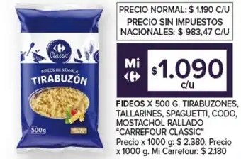 Carrefour Fideos tirabuzones, tallarines, spaguetti, codo, mostachol rallado carrefour classic oferta