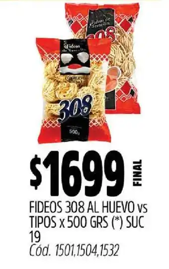 Supermercados Yaguar FIDEOS 308 AL HUEVO vs TIPOS oferta