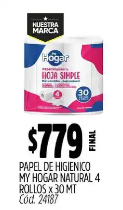 Supermercados Yaguar PAPEL HIGIENICO MY HOGAR NATURAL 4 ROLLOS x 30 MT oferta
