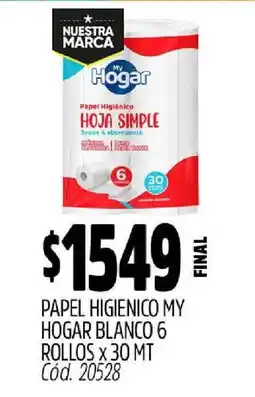 Supermercados Yaguar PAPEL HIGIENICO MY HOGAR BLANCO 6 ROLLOS x 30 MT oferta