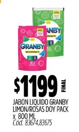 Supermercados Yaguar Jabón Líquido Granby Limón/Rosas Doy Pack x 800 ml oferta