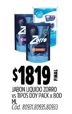 Supermercados Yaguar Jabon Liquido Zorro vs Tipos Doy Pack x 800 ML oferta
