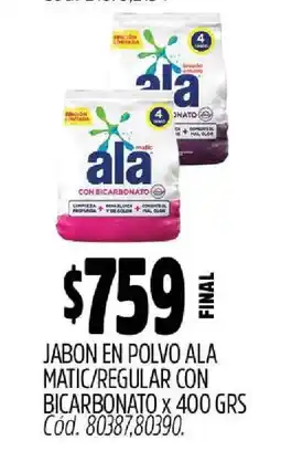 Supermercados Yaguar Jabón en Polvo Ala Matic/Regular con Bicarbonato x 400 grs oferta