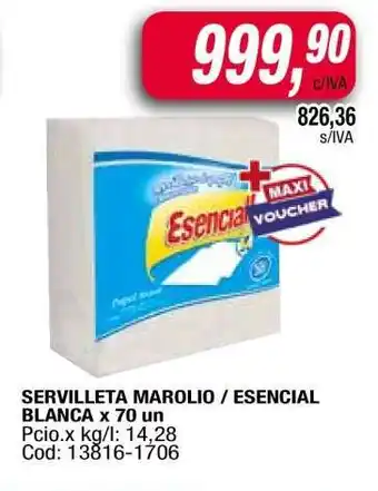 Maxiconsumo SERVILLETA MAROLIO / ESENCIAL BLANCA x 70 un oferta