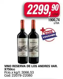 Maxiconsumo VINO RESERVA DE LOS ANDRES VAR. X750cc oferta