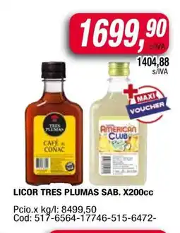 Maxiconsumo LICOR TRES PLUMAS SAB. X200cc oferta