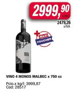 Maxiconsumo VINO 4 MONOS MALBEC x 750 cc oferta