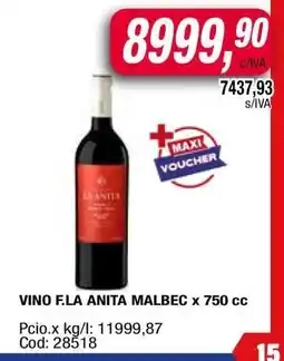 Maxiconsumo VINO F.LA ANITA MALBEC x 750 cc oferta