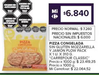 Carrefour Market Pizza Congelada Sin Gluten Mozzarella y Jamón Flow Pack oferta