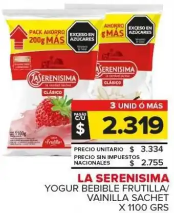 Carrefour La serenisima yogur bebible frutilla / vainilla sachet oferta
