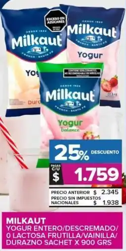 Carrefour Milkaut yogur entero / descremado o lactosa frutilla / vainilla / durazno sachet oferta