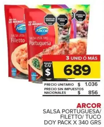 Carrefour Arcor salsa portuguesa / filetto / tuco doy pack oferta