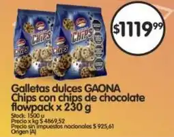 Supermercados Buenos Días Galletas dulces GAONA Chips con chips de chocolate flowpack oferta