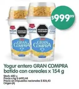 Supermercados Buenos Días Yogur entero GRAN COMPRA batido con cereales oferta