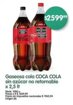 Supermercados Buenos Días Gaseosa cola COCA COLA sin azúcar no retornable oferta