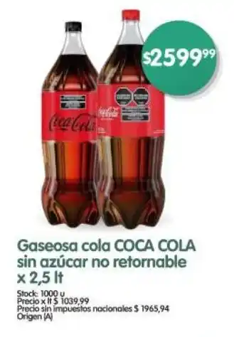 Supermercados Buenos Días Gaseosa cola COCA COLA sin azúcar no retornable oferta