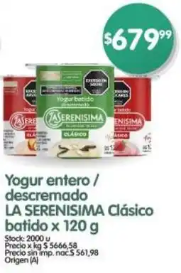 Supermercados Buenos Días Yogur entero/ descremado LA SERENISIMA Clásico batido oferta