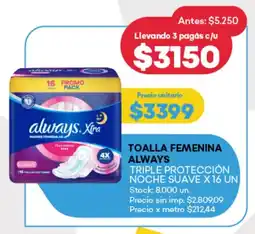 Supermercados Tadicor Toalla femenina always triple protección noche suave oferta