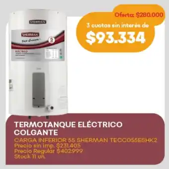 Supermercados Tadicor Termotanque eléctrico colgante carga inferior 55 sherman tecc055eshk2 oferta