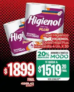 Diarco Papel Higiénico HIGIENOL Doble Hoja Plus Manzanilla oferta