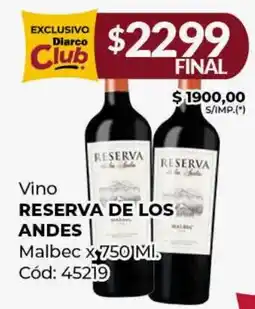 Diarco Vino RESERVA DE LOS ANDES Malbec oferta