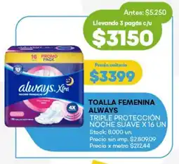 Super MAMI Toalla femenina always triple protección noche suave oferta