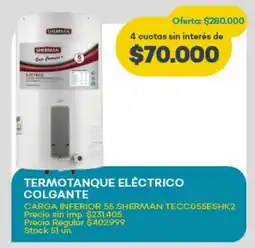 Super MAMI Termotanque eléctrico colgante carga inferior 55 sherman tecc055eshk2 oferta