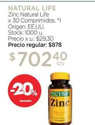 Farmacity Natural Life Zinc Natural Life x 30 Comprimidos oferta
