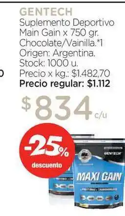 Farmacity Gentech Suplemento Deportivo Main Gain Chocolate/Vainilla x 750gr oferta