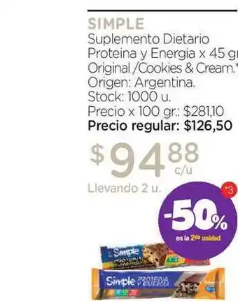 Farmacity Simple Suplemento Dietario Proteina Y Energia Original / Cookies & Cream x 45gr. oferta