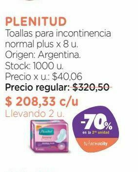 Farmacity Toallas para incontinencia plenitud femme normal plus x 8 un oferta