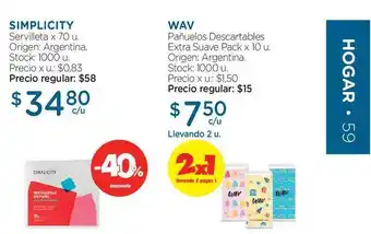 Farmacity Simplicity Servilleta x 70u / Wav Pañuelos Descartables Extra Suave Pack x 10u. oferta