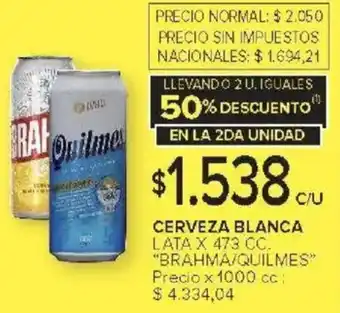 Carrefour Brahma/quilmes cerveza blanca lata oferta