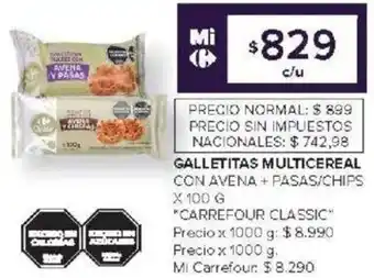 Carrefour Carrefour classic galletitas multicereal con avena + pasas/chips oferta