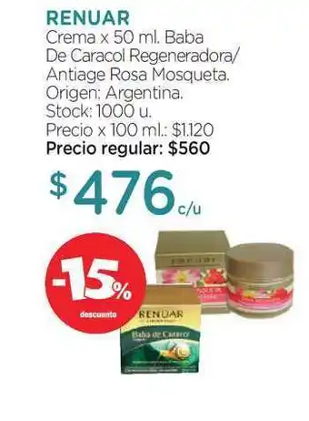 Farmacity Renuar Crema Baba De Caracol Regeneradora/Antiage Rosa Mosqueta x 50ml oferta
