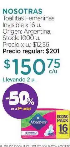 Farmacity Nosotras Toallitas Femeninas Invisible x 16u oferta