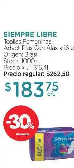 Farmacity Siempre Libre Toallas Femeninas Adapt Plus Con Alas x 16u oferta