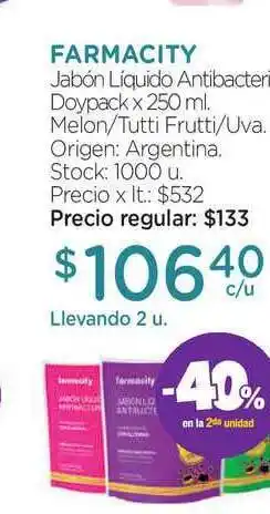 Farmacity Jabón Liquido Antibacterial Doypack Melon/Tutti/Frutti/Uva x 250ml