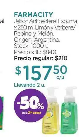 Farmacity Jabón Antibacterial Espuma Limón Y Verbena/Pepino Y Melón x 250ml