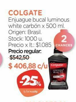 Farmacity Enjuague bucal colgate luminous white carbón x 500 ml oferta