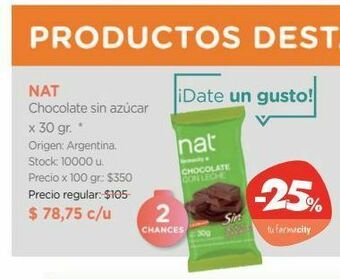 Farmacity Nat chocolate nat sin azúcar x 30 g oferta