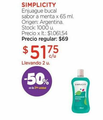 Farmacity Enjuague bucal simplicity sabor menta x 65 ml oferta