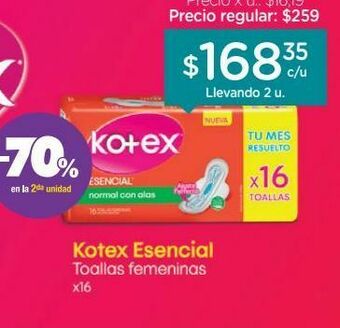 Farmacity Toallas femeninas kotex esencial normal con alas x 16 un oferta