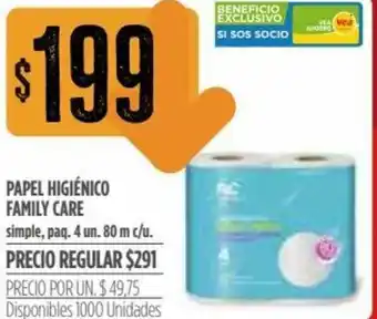 Supermercados Vea Papel Higiénico Family Care Simple, Paq. 4 Un. 80 m c/u oferta