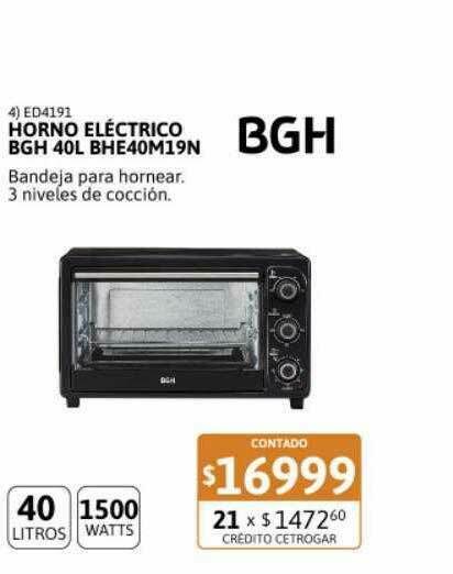 BEIRO Hogar | HORNO ELECTRICO BGH BHE25M19 25 LTS 1380W NEGRO | Conseguilo  a tan solo $ 0.00
