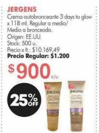 Simplicity Jergens Crema Autobronceante 3 Days To Glow 25% Off oferta