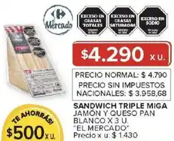 Carrefour El mercado sandwich triple miga jamón y queso pan blanco oferta